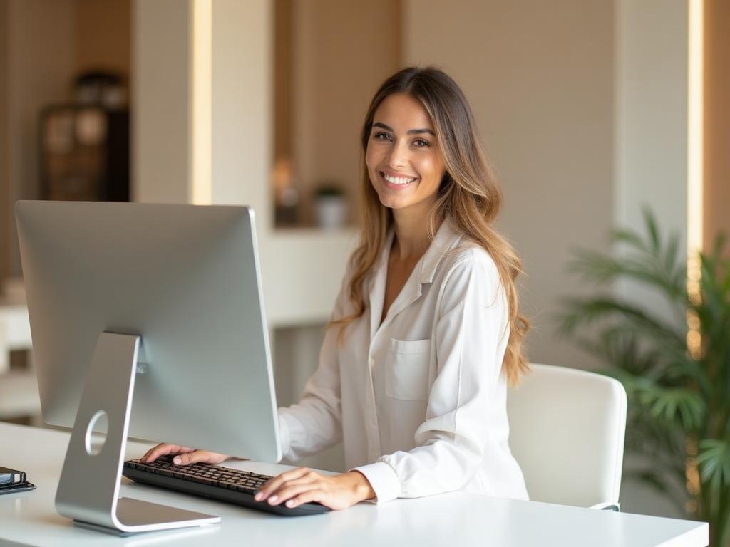 Manager utilisant le Dashboard Madyis pour gérer son salon de beauté sur ordinateur